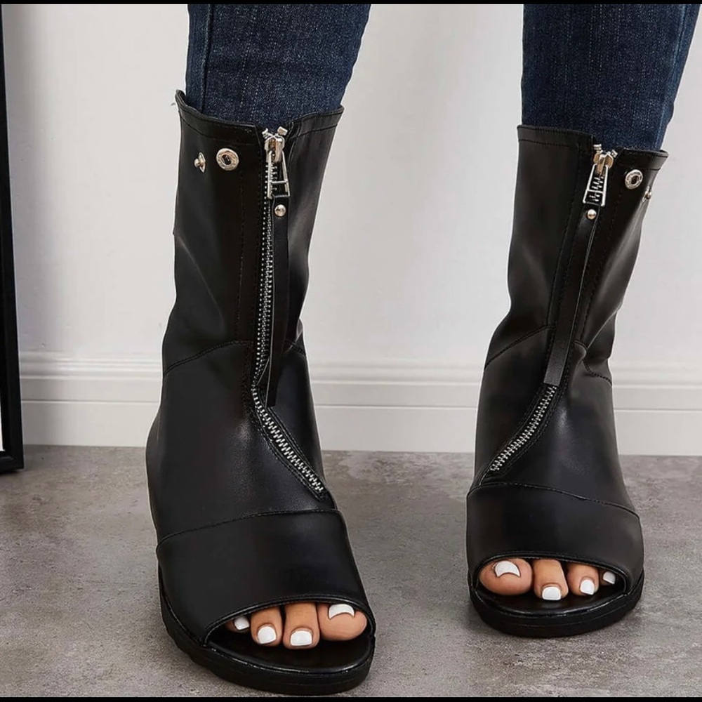 Black Vegan leather open toe flat booties w/silver hardware and snaps